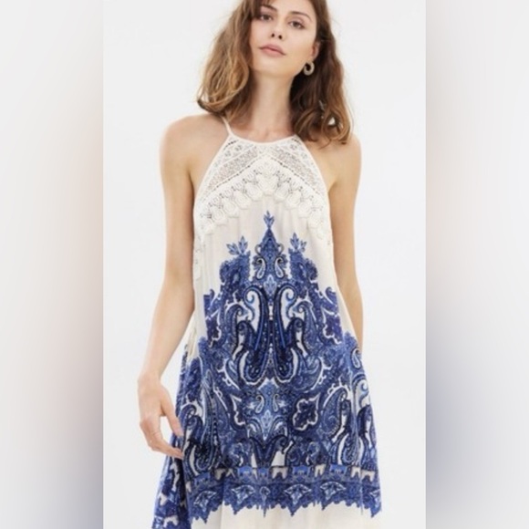 Free People Blue Paisley Lace Halter Mini Dress Boho Coastal Grandma Resort XS - Picture 2 of 10